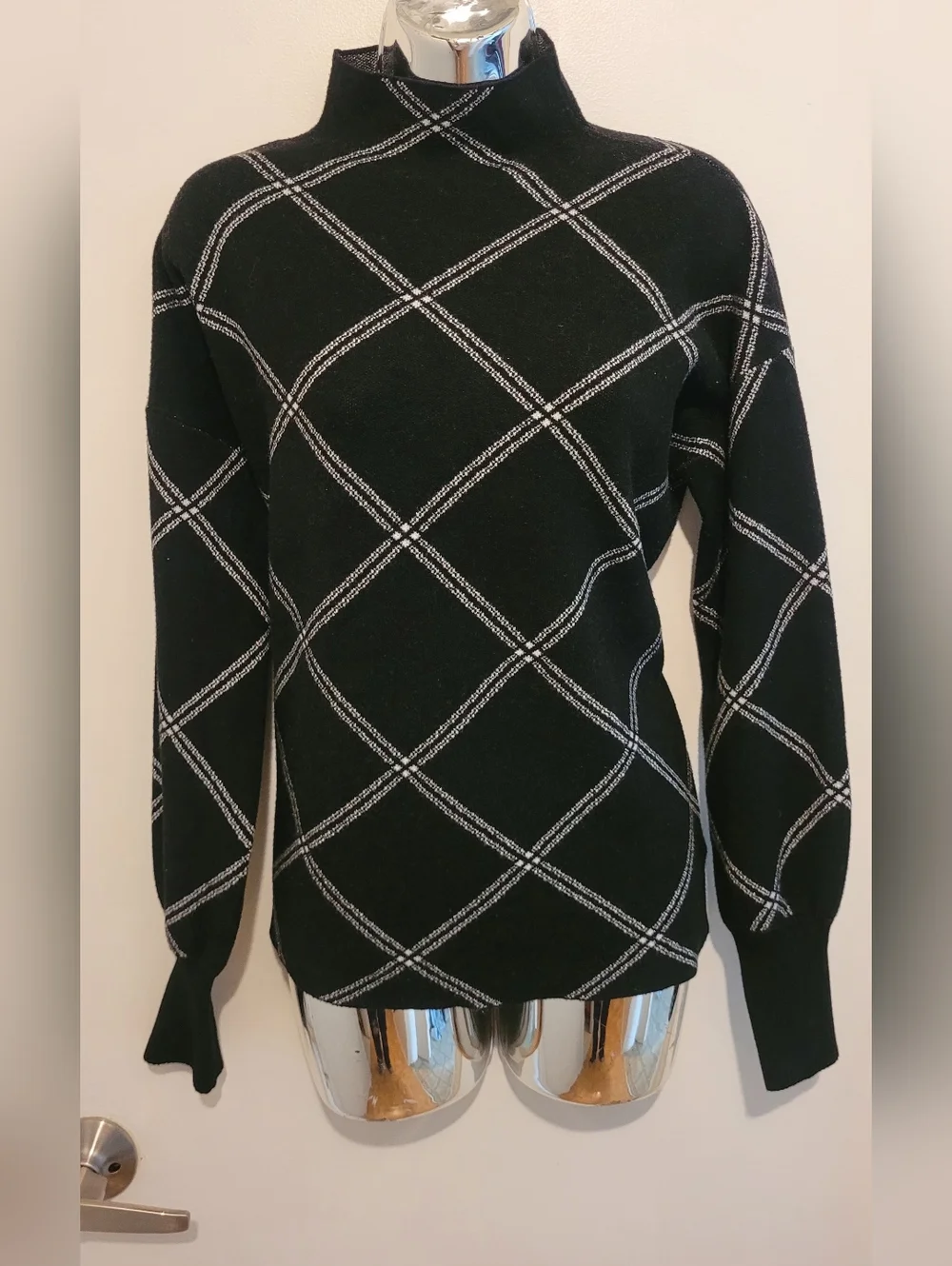 Tahari Black Turtleneck Sweater with White Windowpane - Picture 2 of 7